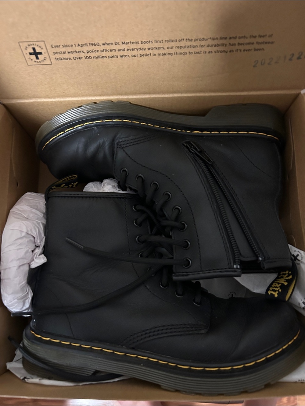 Dr. Martens Black Leather Lace-Up Zip Combat Boots with Yellow Welt Stitching